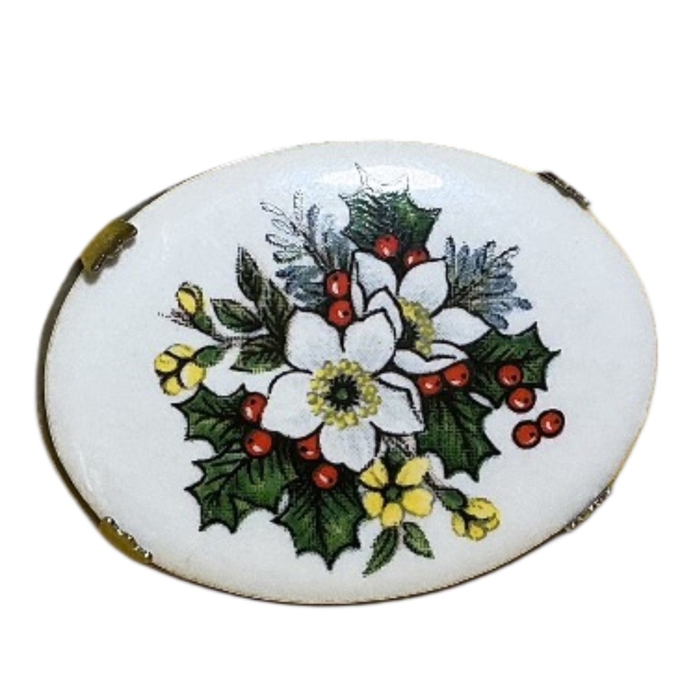 Holiday Flower Holly Brooch, Limoges Image, White Floral Christmas, Silver Tone